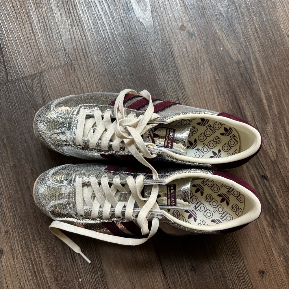 adidas Metallic Gold Sneakers with Burgundy Stripes - Picture 3 of 6